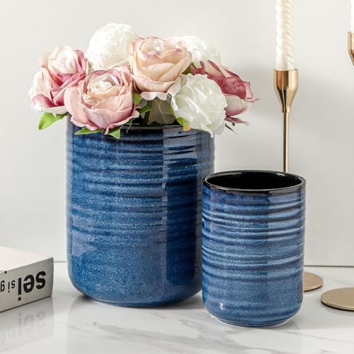 HASENSE Ceramic Utensil Holder Set of 2 (7.4"+5.5"), Modern Farmhouse Kitchen Utensil Crocks for Countertop, Blue Kitchen Tool Organizer for Spatulas, Whisks, Tongs & Cooking Tools - color: Navy Blue(2 pcs)