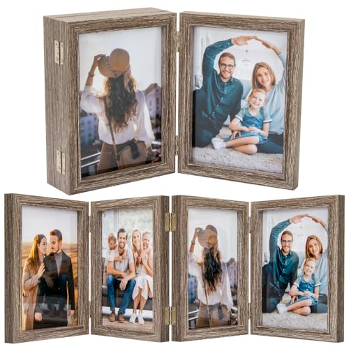 POILKMNI 5x7 In Four Picture Frame 4 Hinged Photo Frame with 4 Openings | Natural Wood Foldable Photo Frame High Definition Acrylic for Mothers Day Father's Day Christmas Gift, Family Picture, Gray - color: Gray, size: 5x7