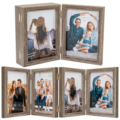 POILKMNI 5x7 In Four Picture Frame 4 Hinged Photo Frame with 4 Openings | Natural Wood Foldable Photo Frame High Definition Acrylic for Mothers Day Father's Day Christmas Gift, Family Picture, Gray - color: Gray, size: 5x7
