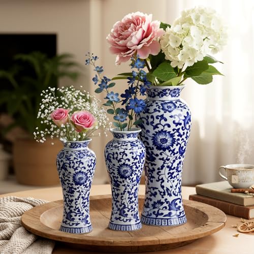 LemonRoad 3 Pack Chinoiserie Vases Porcelain Blue and White Vases for Flowers Pottery Chinoiserie Ceramic Vase for Living Room Mother's Day Decor Table Centerpiece, 6.7", 8.3", 10"(Classic) - style: Classic
