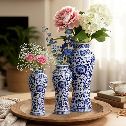 LemonRoad 3 Pack Chinoiserie Vases Porcelain Blue and White Vases for Flowers Pottery Chinoiserie Ceramic Vase for Living Room Mother's Day Decor Table Centerpiece, 6.7", 8.3", 10"(Classic) - style: Classic