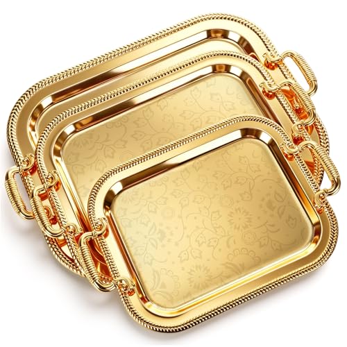 3 Pack Metal Serving Trays with Handles, Decorative Floral Platter Trays for Coffee Tea, Food, Dessert, Jewelry, for Buffet Wedding Party Kitchen Home Decor(Lovely,Silver, Gold) - color: Silver, Gold, style: Lovely