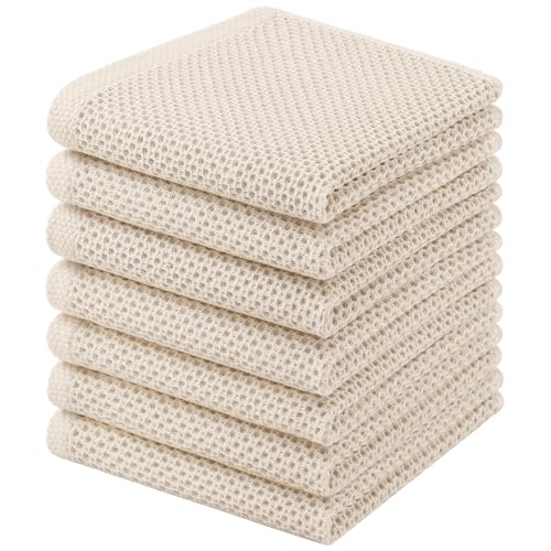 Homaxy 100% Cotton Waffle Weave Kitchen Dish Cloths, 7-Pack, Beige | 12 x 12 Inches, Ultra Soft Absorbent Dish Towels, Quick Drying Dish Rags with Hanging Loop - color: Beige, size: 12 X 12 - 7 Pack