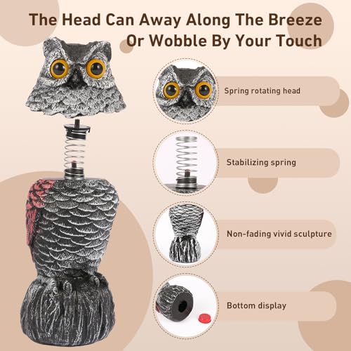 Owl Decoys to Scare Birds Away, 2 Pack BobbleHead Fake Owls Plastic Scarecrow Bird Deterrent, Nature Enemy Scarecrow Plastic Owl Statues, Garden Decor Statues for outside, Patio, Lawn, Yard Decoration