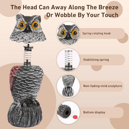 Owl Decoys to Scare Birds Away, 2 Pack BobbleHead Fake Owls Plastic Scarecrow Bird Deterrent, Nature Enemy Scarecrow Plastic Owl Statues, Garden Decor Statues for outside, Patio, Lawn, Yard Decoration