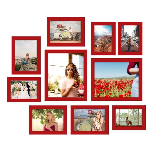 iRahmen Collage Picture Frames Set of 10, Wall Decor for Mounting or Tabletop Display, Family Photo Gallery Frame Set - Multi Sizes Including Two 8x10, Four 5x7, Four 4x6, HD Glass, Wooden, Christmas Red - color: Red