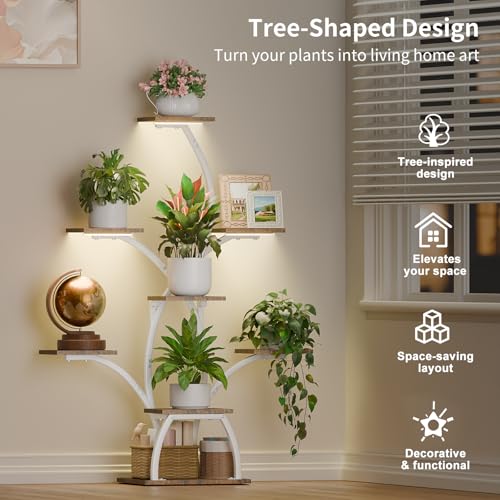 CODACE Plant Stand with Grow Lights - 50" Indoor Plant Shelf | 6 Tiered Plant Shelf Indoor, Lighted Tree-Shaped Plant Holder, Tall Flower Display Rack for Living Room, Patio(White) - color: White