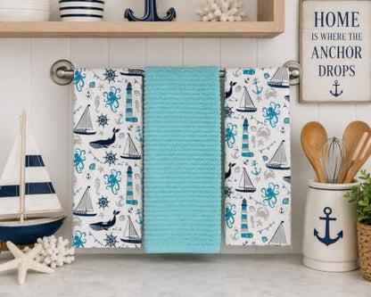 Coastal Kitchen Dish Hand Towel Set: Nautical Ocean Lighthouse Sea Life Design, Set of 3, 100% Cotton (Coastal) - color: Coastal