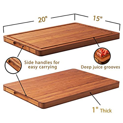 Allsum XL Cutting Board for Kitchen, 20x15" Extra Large, 1" Thick Bamboo Wood Butcher Chopping Block, Cheese Board, Durable Reversible with Juice Grooves and Handles - size: 20"L x 15"W