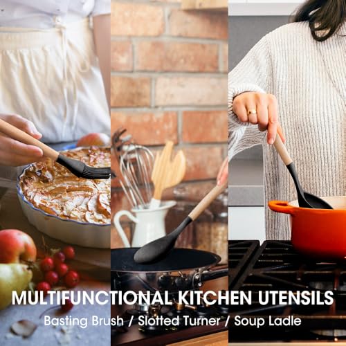 Kitchen Utensils Set Silicone Kitchen Utensils Set with Wooden Handle Utensils for Cooking Heat Resistant Silicone Non-Stick Cookware BPA FREE (Black) - color: Black
