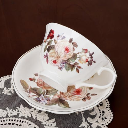fanquare White Rose Tea Cup and Saucer with Gold Trim, Vintage Bone China Teacup Set with Spoon, 8 oz Coffee Cup for Home Party Gifting | Bone China Tea Cups and Saucers with Gold Trim, Coffee Cup for Home Party Gifting