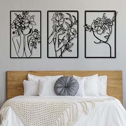 CHENGU 3 Pieces Metal Minimalist Abstract Woman Wall Art Line Drawing Wall Art Decor Single Line Female Home Hanging for Kitchen Bathroom Living Room - style: Classic