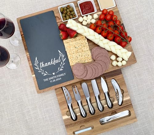 Custom Engraved Acacia Charcuterie Board & Slate Cheese Platter – Large 17" x 13" Cheese Board with Knives – Custom Thanksgiving Gift - color: Design #25