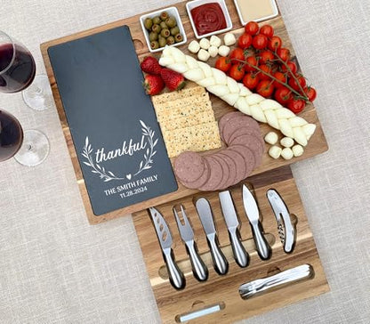 Custom Engraved Acacia Charcuterie Board & Slate Cheese Platter – Large 17" x 13" Cheese Board with Knives – Custom Thanksgiving Gift - color: Design #25
