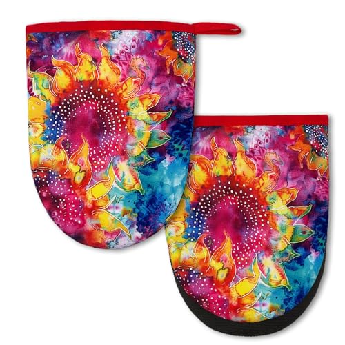 Colorful Sunflower Mini Silicone Oven Mitts 2-Pack Set, Heat Slip Resistant Kitchen Gloves, Soft Short Oven Mittens for Safe Cooking Baking Grilling - color: Colorful Sunflower