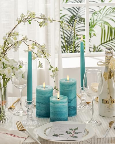 Stmarry Gradient Teal Flameless Candles with Remote and Timer, Real Wax Made LED Pillar Candles Battery Operated with 3D Flickering Flame - 3" x 4",5",6" - Set of 3 Turquoise Candles - color: Gradient Teal
