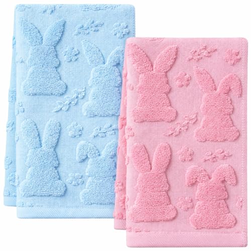 3pcs Easter Hand Towels Pink Blue Bunny Floral 100% Cotton 13.8x29.5 Inch | Funny Bunny Jacquard Soft Bathroom Kitchen Decorative Towel for Easter Spring Summer Holiday Decor Gift - color: Easter Blue and Pink