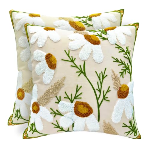 Alysheer Floral Embroidered Fall Decorative Throw Pillow Covers 18"x 18" Set of 2, Farmhouse Daisy Flowers Patterned Canvas Cushion Cases for Couch Bed Living Room Decor - color: Daisy White, size: 18" x 18" (Pack of 2)