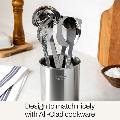 All-Clad 5-Piece Stainless Steel Kitchen Utensil Set – Includes Ladle, Solid Spoon, Slotted Spoon, Turner & Storage Caddy – Heavy-Gauge, Ergonomic, Dishwasher Safe, Silver - size: 5-Piece