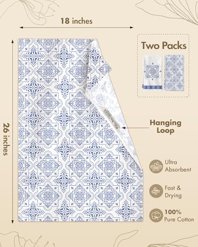 Flour Sack Kitchen Towels Set of 2, 18x26 Inch, Geometric Line | 150GSM Cotton, Lint-Free, Quick Dry, Hanging Loop, Lightweight Tea Towels, French Home Decor, Chinoiserie, Housewarming Gift - color: Geometric Line
