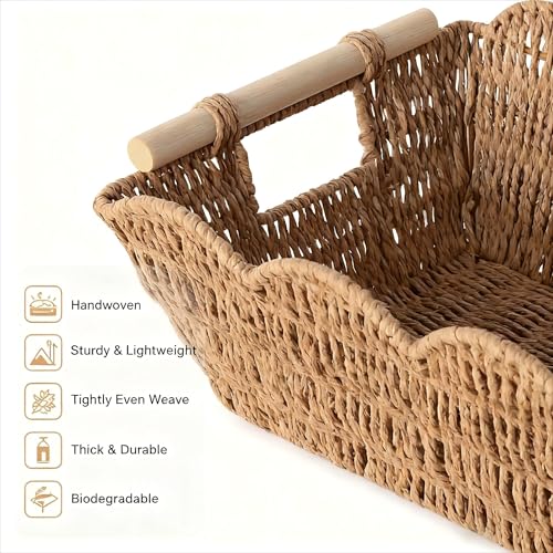 Scalloped Basket with Wooden Handle, Water Hyacinth/Seagrass/Wicker Storage Baskets, Hand Woven Baskets for Shelves,Natural Baskets for Organizing (2)