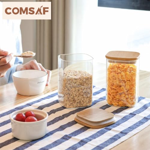 ComSaf Square Glass Containers With Lids 1.2 Qt, Set of 4 Pantry Galss Jars | Kitchen Glass Pantry Storage Containers, Storage Canisters, Silicone Seal, Dry Food, Cookie, Flour, Spice, Coffee, BPA Free - size: 1.2Qt*4