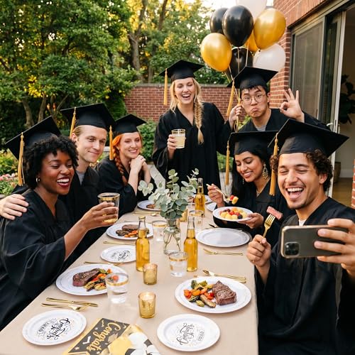 350 Piece Graduation Gold Plastic Dinnerware Set for 50 Guests | Disposable Dinnerware Includes: 50 Dinner Plates, 50 Dessert Plates, 50 Cups, 50 Pre Rolled Napkins with Silverware - color: White, style: 350 Piece (50 guests)