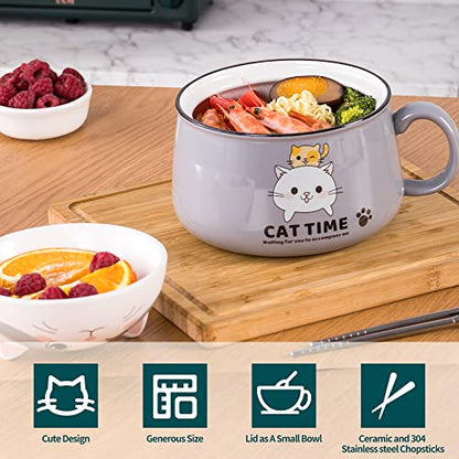 Ramen Bowl Set with Chopsticks, Cute Cat Instant Ramen Noodle Bowls with Lid, 34.5 OZ Extra Large Ceramic Soup Bowls with Handle, Japanese Ramen Cooker, Microwave safe (Gray) - color: Gray