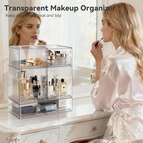 Hvygss Clear Stackable Storage Drawers, Countertop Bottle Organizer 5-Pack | Pull-Out Drawers, Waterproof, Dustproof, Bpa-Free, Space-Saving, For Vanity, Bathroom, Kitchen, Cabinet, Pantry