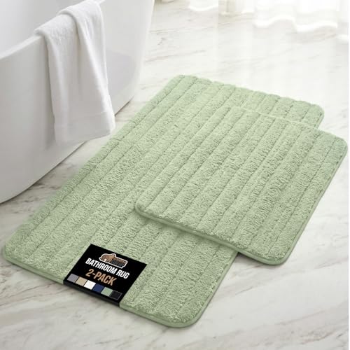 GORILLA GRIP Memory Foam Bathroom Rugs, Soft Absorbent Textured Rubber Backing Striped Bath Mat, Set of 2 Machine Washable Quick Dry Floor Mats, Shower Rugs Home Accessories, Sage 24x16 and 30x18 - color: Sage, size: 24" X 16" + 30" X 18"