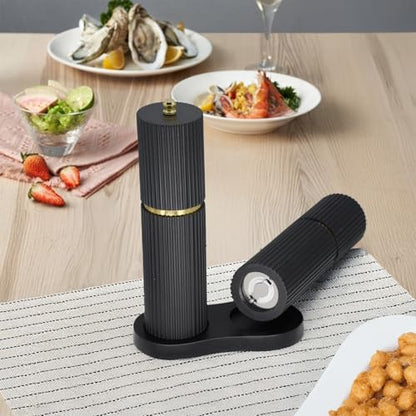 Wooden Salt and Pepper Grinder Set with Gold Accents, Salt and Pepper Grinder with Adjustable Coarseness, Beech Wood Pepper Grinder Manual,Salt and Pepper Shakers Matching Wooden Rray for Gifting - color: BLACK & BLACK