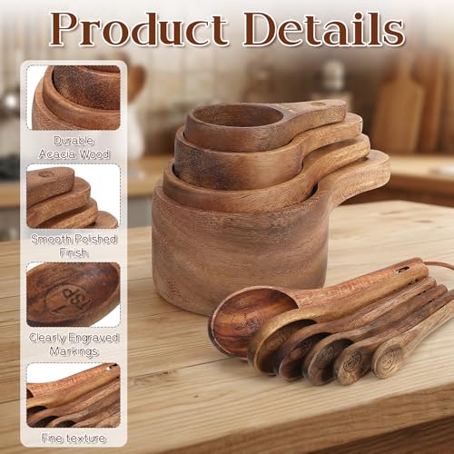 10-Piece Wooden Measuring Cups and Spoons Set, Handcrafted Acacia Wooden Measuring Cups - Solid Acacia Wood, Laser Engraved, Wood Rustic Kitchen Accessories for Baking, Cooking