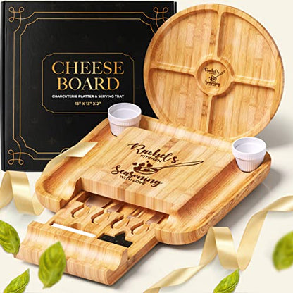 Personalized Bamboo Cheese Board and Knife Set - Custom Engraved Platter Serving Tray with Slide Out Drawer & 4 Stainless Steel Knives - Unique Gift Set for Anniversary, Wedding (Design 9) - color: Design 9