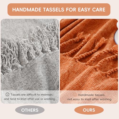 BATTILO HOME Burnt Orange Chenille Throw Blanket for Couch, Soft Cozy Knitted Fall Throw with Tassels, Lightweight Throw Blanket for Fall Decor Bed Sofa Living Room, 50"x60" | Soft Chenille Fall Blanket with Fringe Tassels, Lightweight Fall Decor and Fall