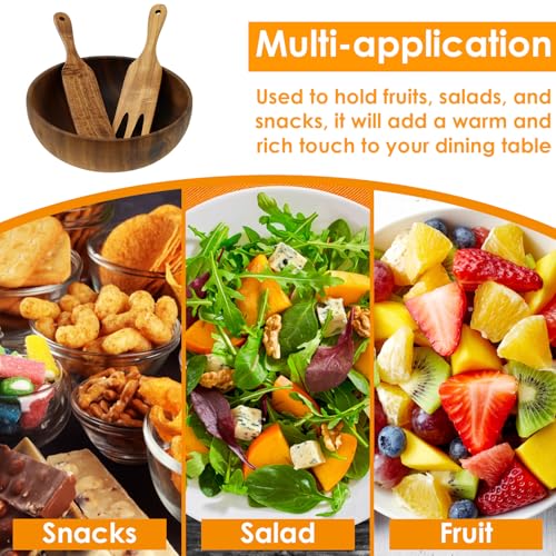 Wood Salad Bowl with Spatula and Fork, Round Serving Bowl, Large Mixing Bowls Set with Serving Utensils, Multi-functional Kitchen Serveware for Salads,Soups,Fruits,Snacks,Pasta