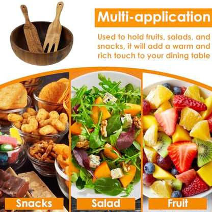 Wood Salad Bowl with Spatula and Fork, Round Serving Bowl, Large Mixing Bowls Set with Serving Utensils, Multi-functional Kitchen Serveware for Salads,Soups,Fruits,Snacks,Pasta