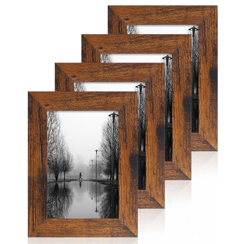 iRahmen 4x6 Picture Frame Set of 4, High Definition Glass 4 x 6 Frame, Wood Rustic Photo Frames for Horizontal or Vertical Display Tabletop and Wall Mounting - color: Dark Brown, size: 4X6