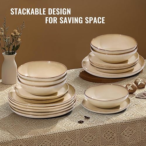 Herogo 12pcs Stoneware Dinnerware Sets for 4, Irregular Handmade Dinner Plates and Bowls, Kitchen Dining Dish Dishware Set, Microwave & Dishwasher Safe, Cream Khaki - color: Cream Khaki, size: 4 Set (12pcs)