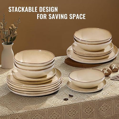 Herogo 12pcs Stoneware Dinnerware Sets for 4, Irregular Handmade Dinner Plates and Bowls, Kitchen Dining Dish Dishware Set, Microwave & Dishwasher Safe, Cream Khaki - color: Cream Khaki, size: 4 Set (12pcs)