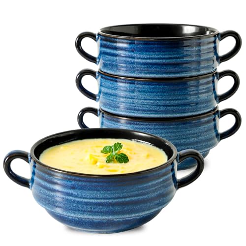 HASENSE Soup Bowls, 20 OZ French Onion Soup Crocks with Handles, Ceramic Small Serving Bowls for Chili, Stew, Cereal, Microwave Oven and Dishwasher Safe, Set of 4, Blue - color: Blue, size: 20oz - 4pcs