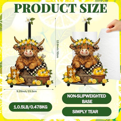 Lemon Highland Cow Paper Towel Holder Lemon Cattle Kitchen Bathroom Decor Farmhouse Large Metal Highland Cow Yellow Towel Holder Stand with Round Base for Home Countertop Accessories Gifts - style: Lemon
