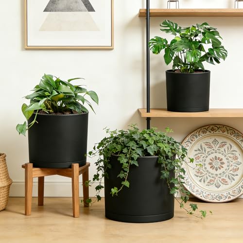 Large Plant Pots Set of 3 – 8", 9", 10" Indoor Flower Pots with Drainage Holes and Saucers, Big Planters for Monstera, Fiddle Leaf Fig, Snake Plant – 5 Colors - color: Black