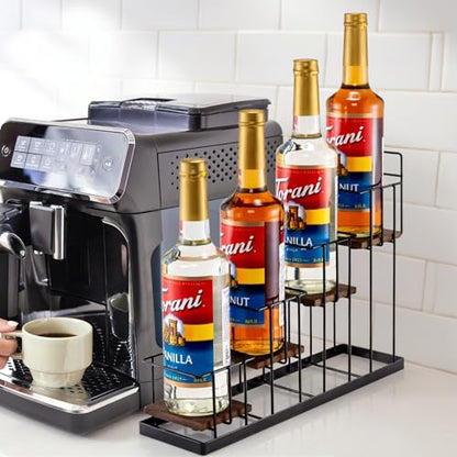 Coffee Syrup Rack Organizer, with Rustic Wood Holder Coffee Station Bar Accessory for Syrup, Wine, Dressing Bottle Countertop Display Storage Stand for Kitchen with Basket and Hooks Holds 4 Bottles