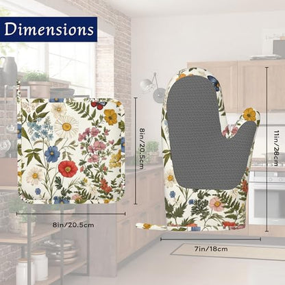 Wildflowers Butterfly Pot Holders and Oven Mitts Set Silicone Tropical Herbs Kitchen Gloves Potholders Heat Resistant Washable,Chef Cooking Baking Gifts for Women Men Bakers Lover Cooks - color: Wildflowers Butterfly,tropical Herbs