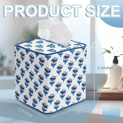 Blue Fabric Tissue Box Cover - Floral Print Tissue Box & Decorative Square Napkin Holder Handmade Cotton for Home Bedroom Vanity Countertop Night Stands Office (Dark Blue) - style: Dark Blue
