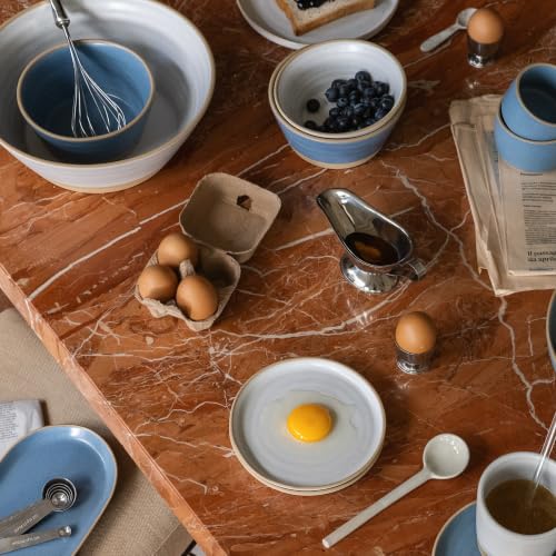 MORA Giant Salad Bowl Set with Wood Salad Servers, 4 qt Large Ceramic Serving Bowl for Salad, Pasta & Fruit, Microwave, Oven and Dishwasher Safe - Sky - color: Sky