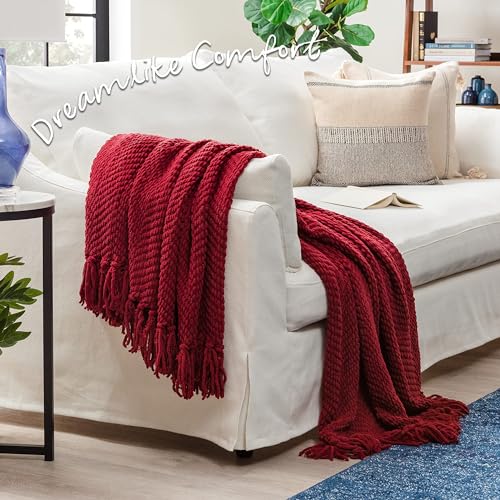 Chanasya Premium Textured Knit Throw Blanket with Tassels - Soft, Cozy Blanket for Couch, Bed, Living Room - 50" x 65” - Red - color: Maroon A(red)