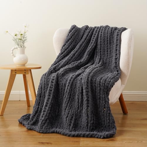 Battilo Chunky Knit Throw Blanket, Dark Grey Chenille Throw Blanket 50x60in | Soft Thick Handmade Cable Knit Crochet Blanket, Knot Knitted Throw Blankets for Sofa Bed Home Decor - color: Grey