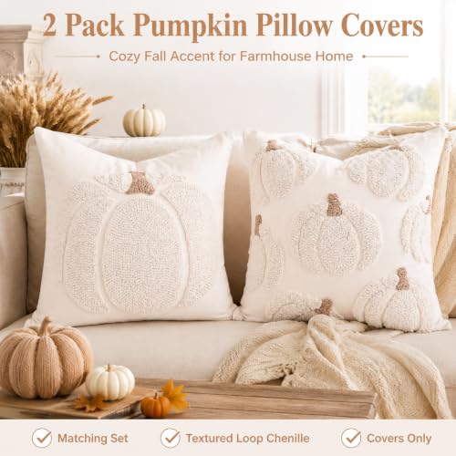Fall Tufted Pumpkin Pillow Covers Set of 2 16x16, Farmhouse Beige - color: Beige, size: 16" x 16" (Pack of 2)