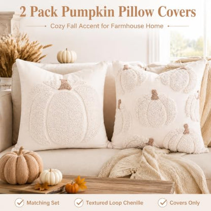 Fall Tufted Pumpkin Pillow Covers Set of 2 16x16, Farmhouse Beige - color: Beige, size: 16" x 16" (Pack of 2)